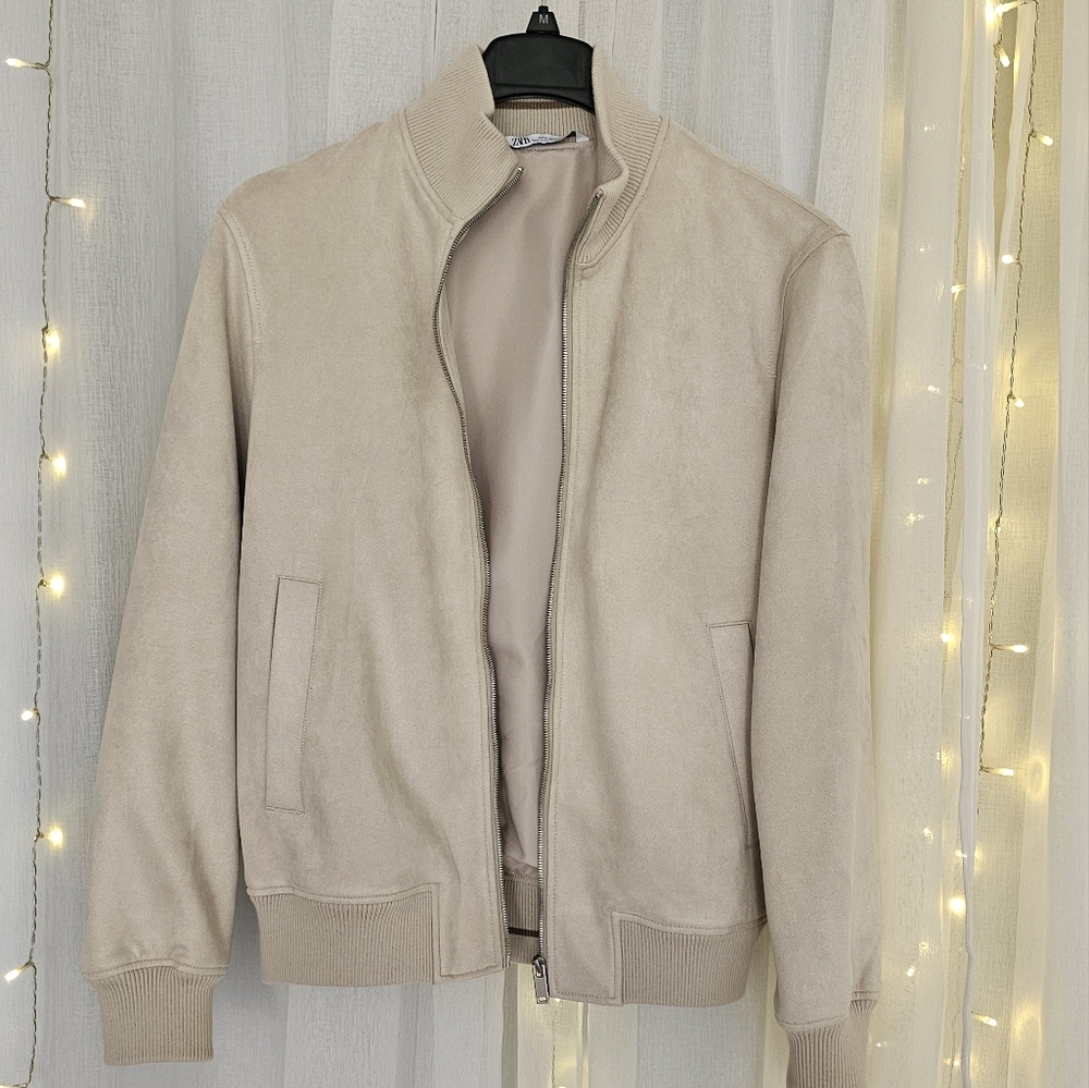 Zara Faux Suede Bomber Jacket for men, size M, color Ivory